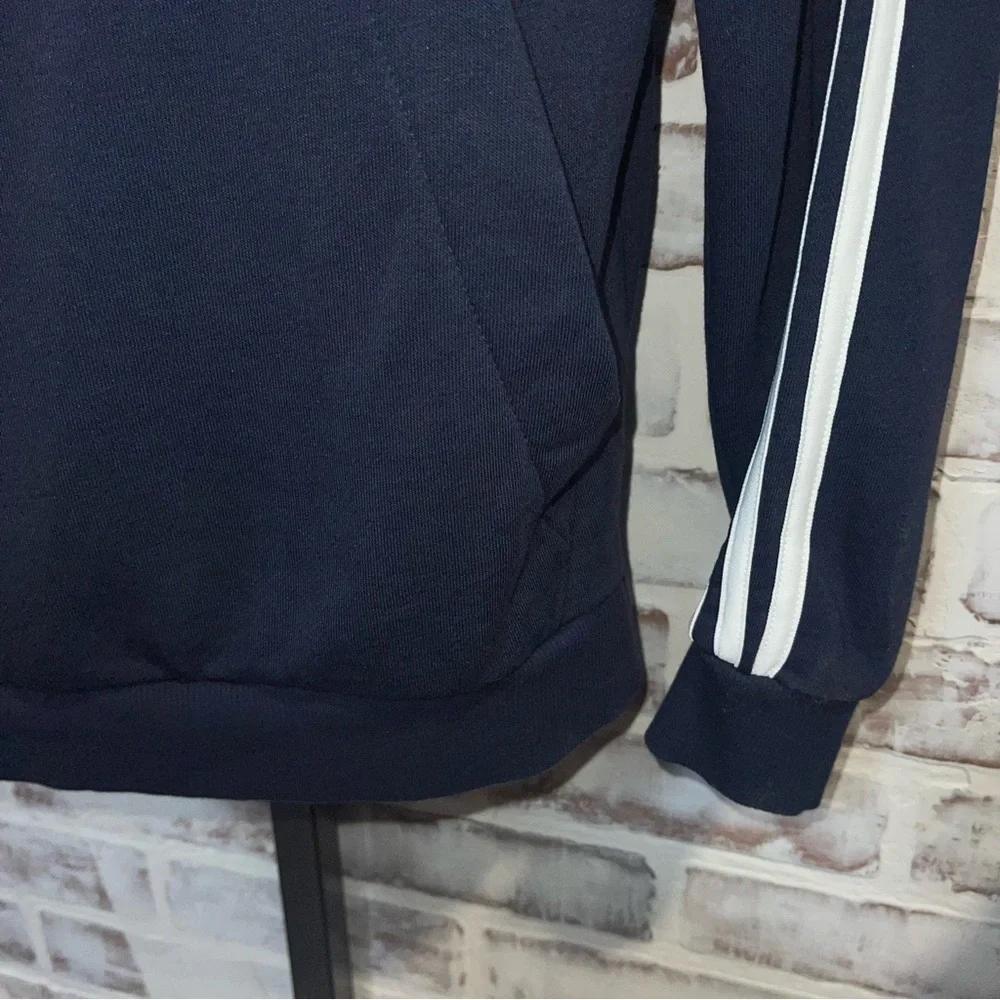 Adidas Men's Dark Blue Hoodie with White Stripes medium